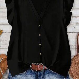 NEW Chic Black Silky V-Neck Blouse